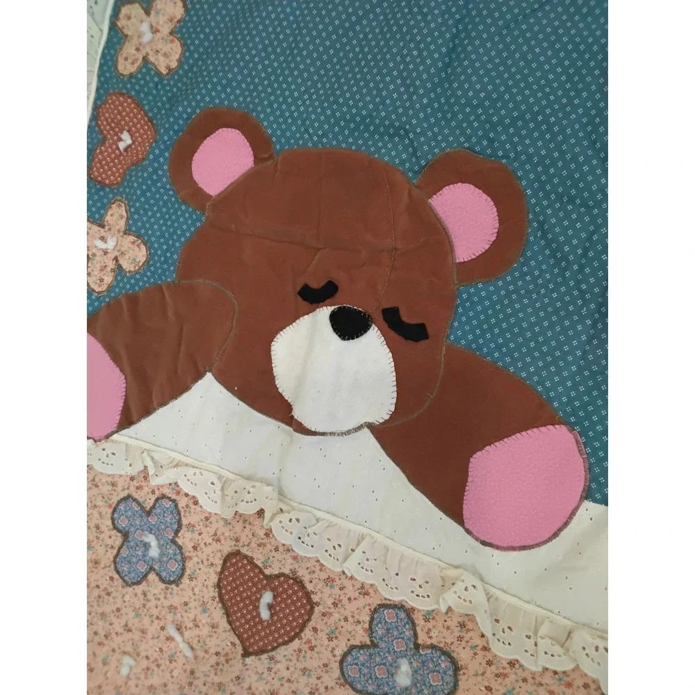 Handmade Vintage Teddy Bear Quilted Baby Blanket Lace Trim Teal Peach 46x58